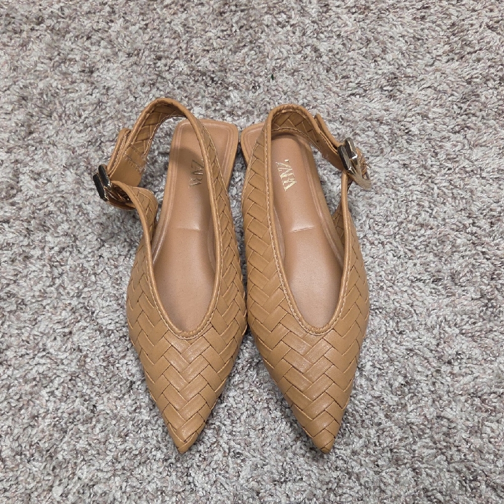 Zara Cognac Woven Pointed Slingback Flats